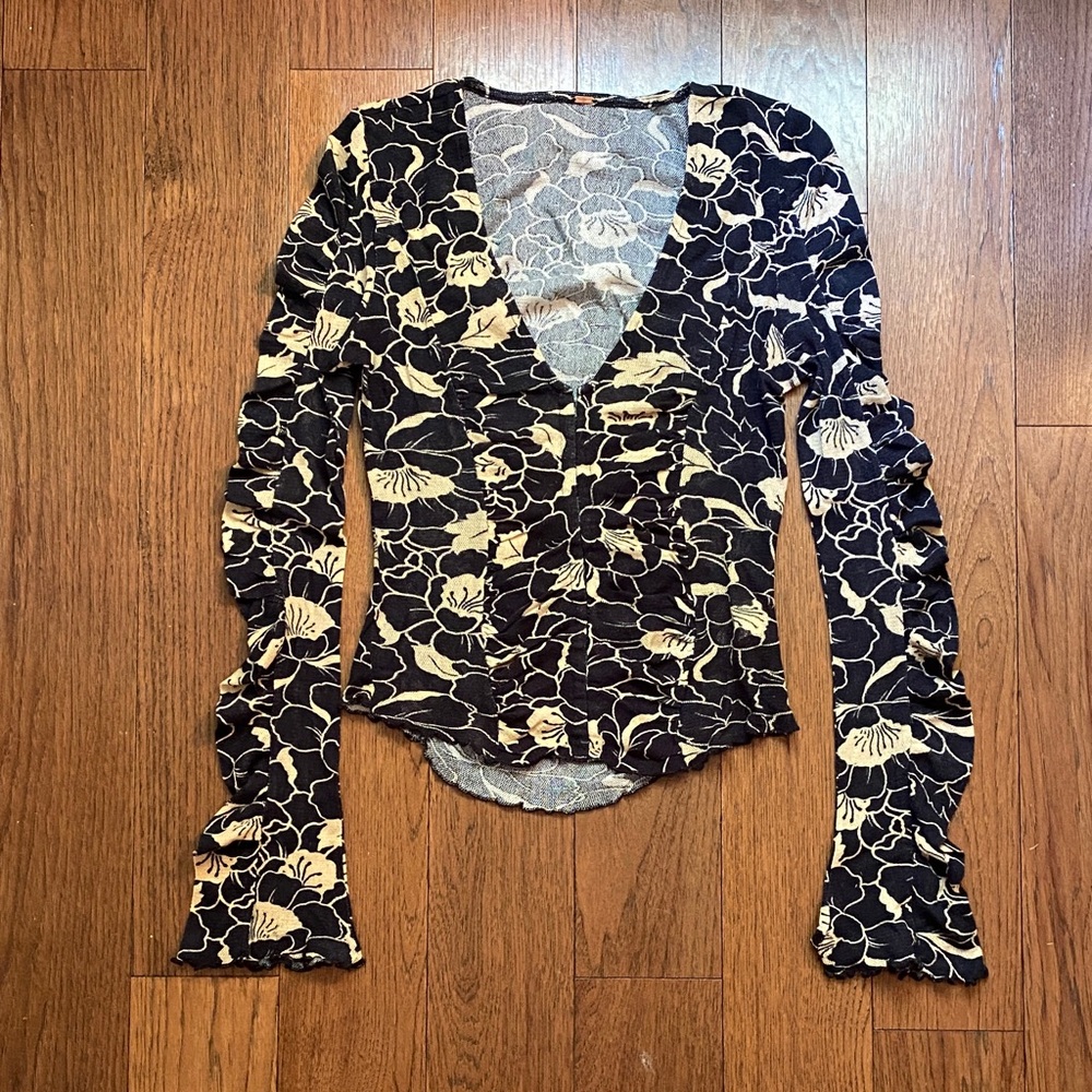 Free People Navy and Cream Floral Blouse